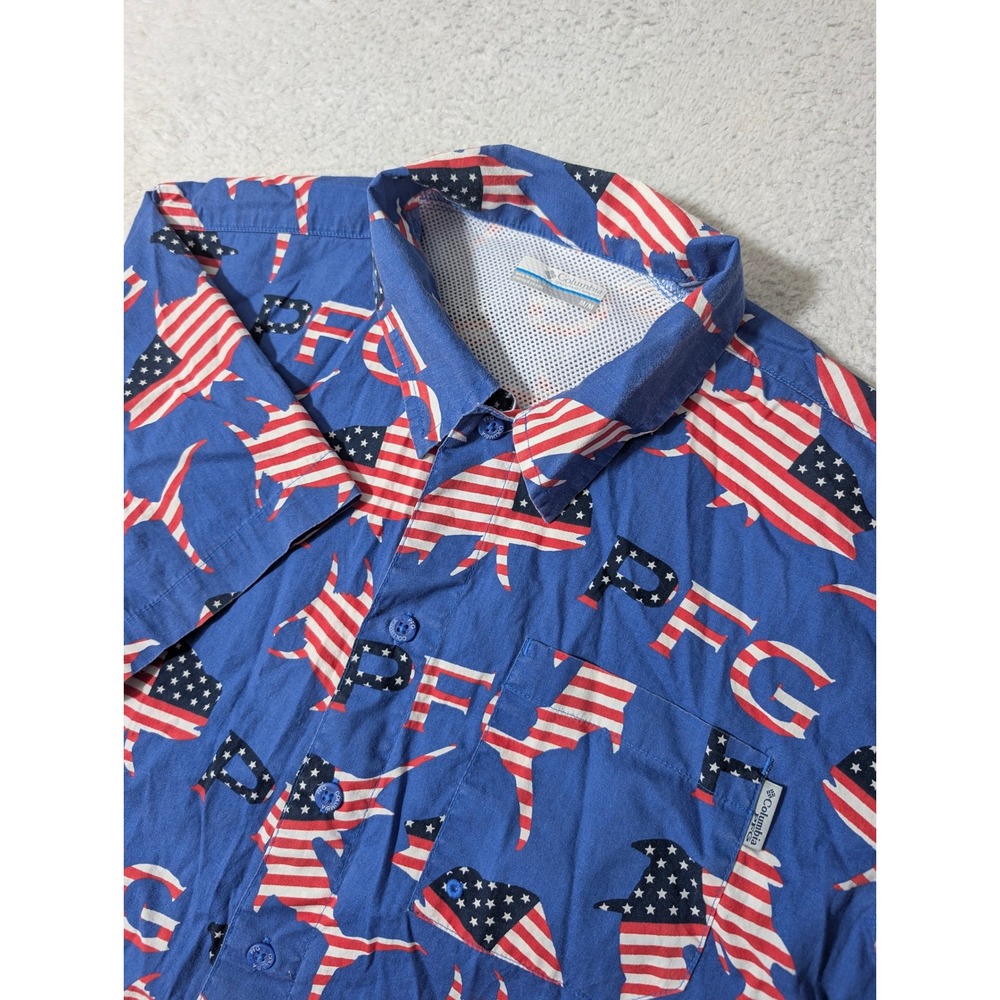 Columbia PFG Fishing Shirt Mens Med Blue Americana USA Flag Fish Print FM7011
